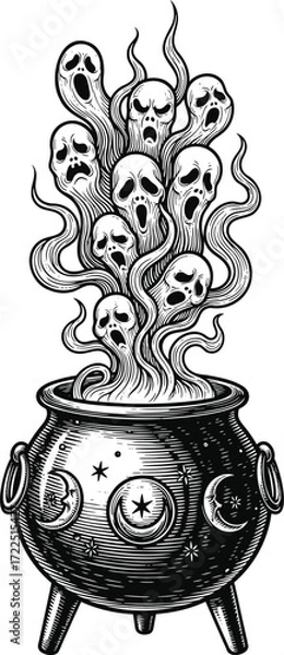 Fototapeta Boiling cauldron with skull-shaped vapors