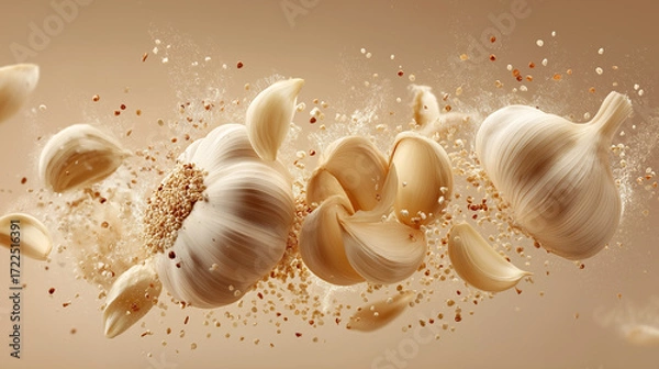 Fototapeta Garlic cloves and bulbs exploding with seasoning particles