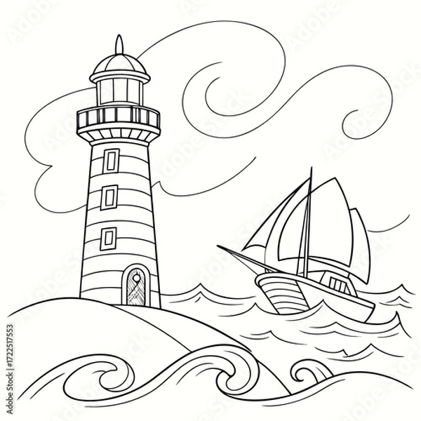 Fototapeta A charming black and white line art illustration of a lighthouse standing tall on a hill overlooking a sailboat navigating the wavy ocean under a cloudy sky