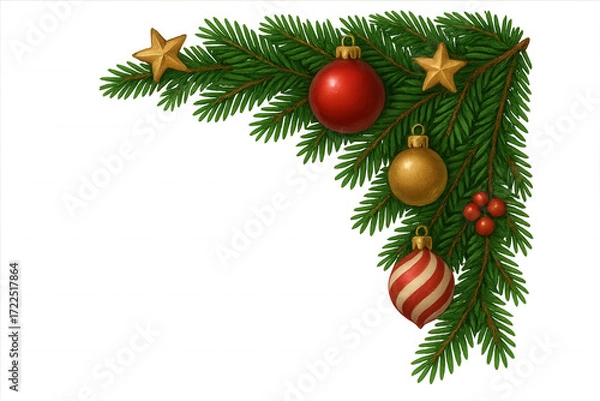 Fototapeta Christmas fir tree branches forming a corner decoration with festive baubles, golden stars, and red berries