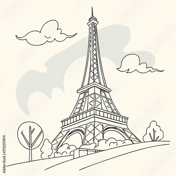 Fototapeta A charming hand drawn line art illustration of the eiffel tower in paris with stylized clouds and trees on a light cream background