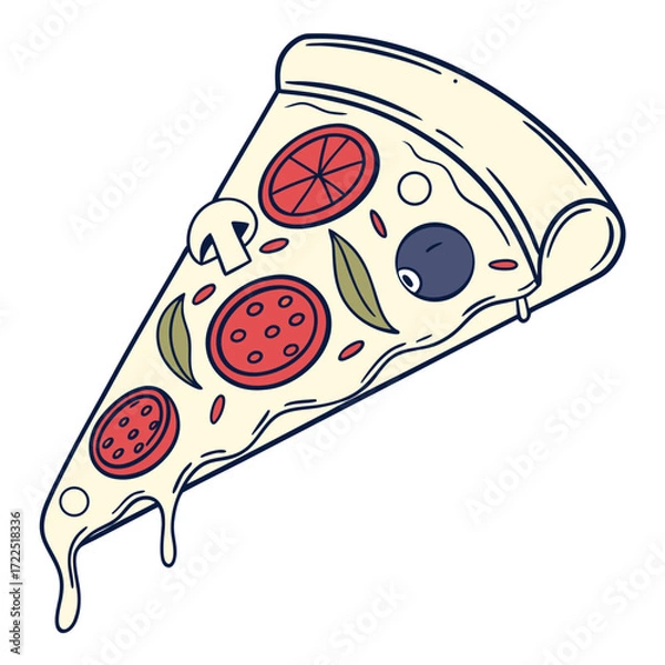 Fototapeta A delicious slice of pizza with melted cheese pepperoni tomatoes olives mushrooms and basil leaves presented in a fun cartoon style