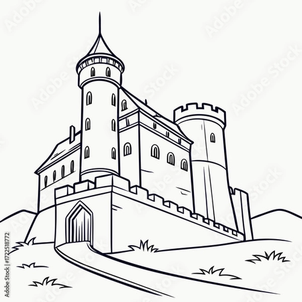 Fototapeta A majestic medieval castle with tall towers and a fortified wall stands proudly on a hill depicted in a clean and classic black and white line drawing style