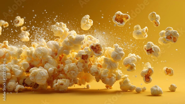 Fototapeta Popcorn explosion with salt particles on a yellow background