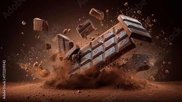 Fototapeta Exploding chocolate bar in dramatic dust burst