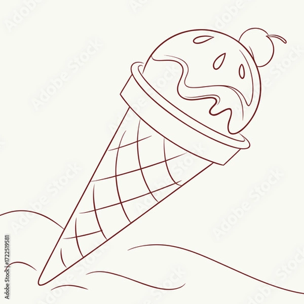 Fototapeta A simple line drawing of a delicious ice cream cone with a cherry on top presented in a minimalist style with a light background