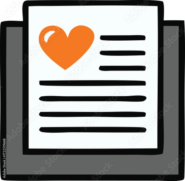 Fototapeta Hand-drawn heart symbol on paper with lines of text inside a gray border conveying love and important information