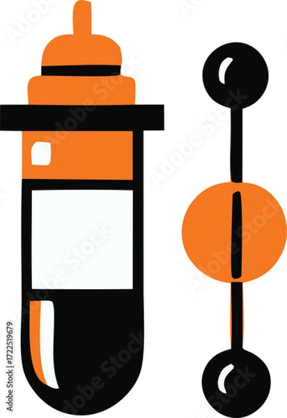 Fototapeta Orange and black laboratory test tube and molecular model visual elements for science medical healthcare and research