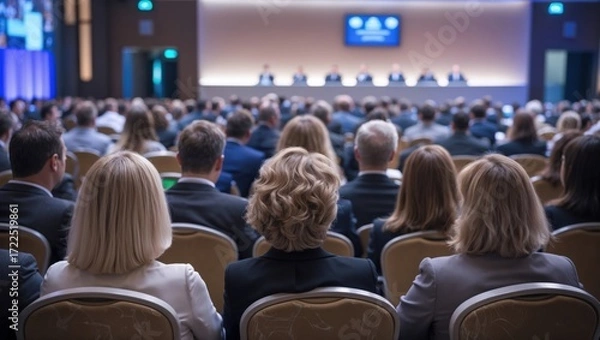 Fototapeta Round table discussion at business convention and Presentation. Audience at the conference hall. Business and entrepreneurship symposium