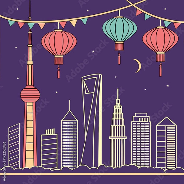 Fototapeta A vibrant illustration of the shanghai skyline at night featuring iconic buildings and traditional chinese lanterns strung across a starry purple sky with a crescent moon