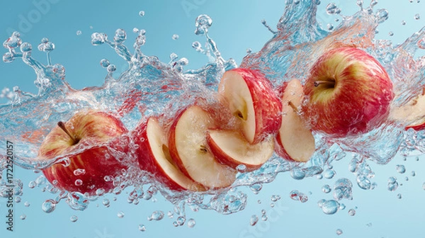 Fototapeta Red apples splashing into water with dramatic slice motion