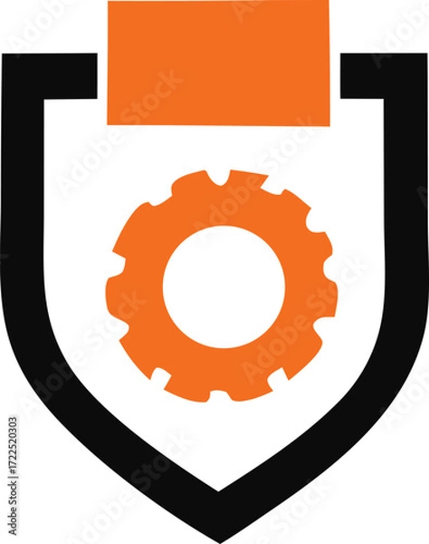 Fototapeta Shield with orange gear and stripes symbolizing security industrial protection and mechanical engineering innovation
