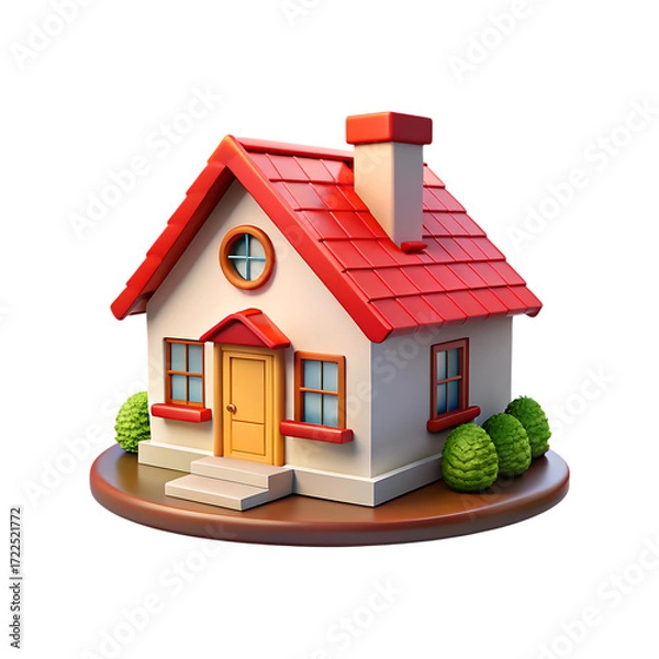 Fototapeta Charming 3d cartoon house with red roof and green bushes realistic render transparent background