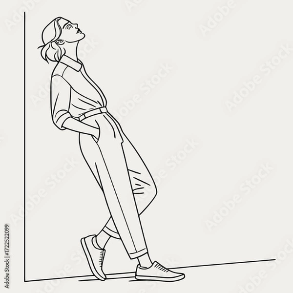 Fototapeta Minimalist line art illustration of a stylish woman leaning against a wall with her hands in her pockets and looking upwards with a relaxed pose