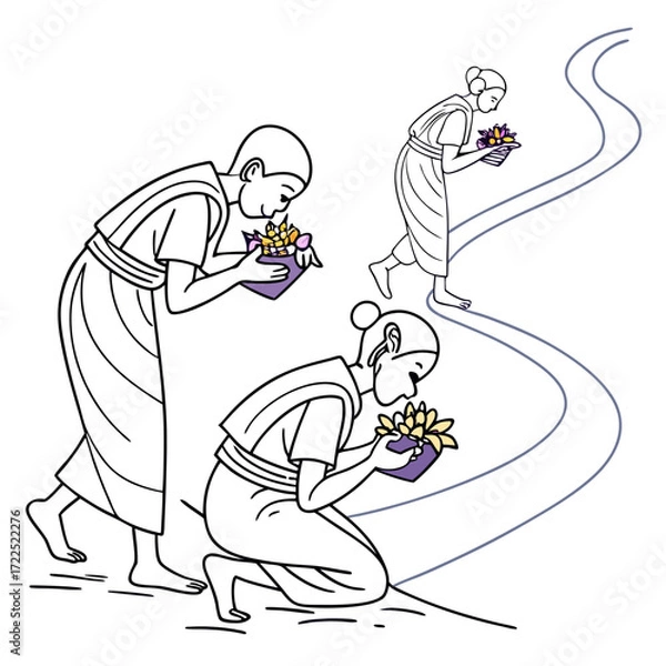 Fototapeta Monks and devotees offering lotus flowers in a procession along a winding path celebrating a religious or cultural tradition with reverence and devotion