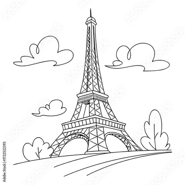 Fototapeta Simple black and white line drawing of the iconic eiffel tower in paris france with stylized clouds and bushes against a white background