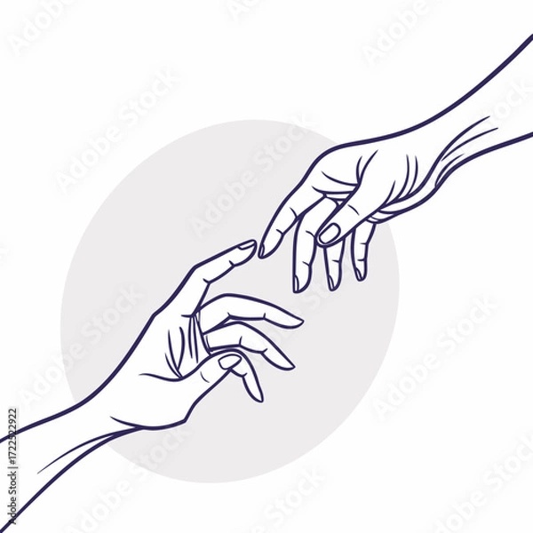 Fototapeta Two elegant hands reaching out to touch fingertips in a minimalist line art style symbolizing connection unity and divine creation against a soft circular background