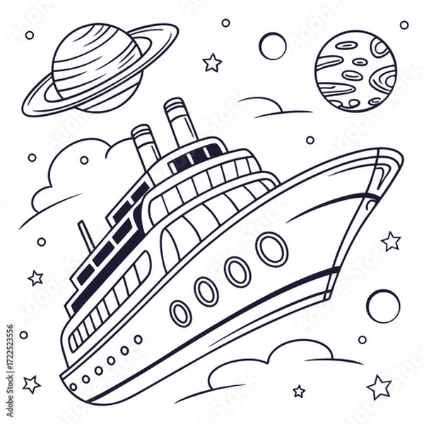 Fototapeta Whimsical cruise ship sailing through a starry outer space with planets and clouds in a playful cartoon style illustration perfect for children s themes and imaginative concepts