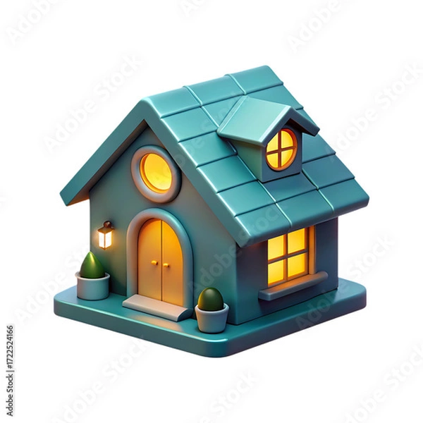 Fototapeta Charming teal 3d rendered house with glowing windows and small plants transparent background