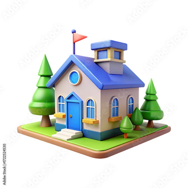 Fototapeta Charming 3d cartoon house with trees and flag on a base transparent background