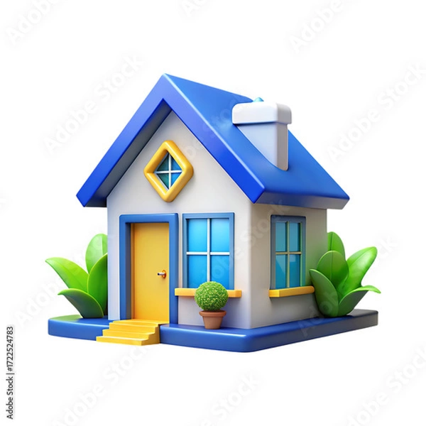 Fototapeta Charming 3d cartoon house with blue roof and yellow door ideal for property graphics transparent background