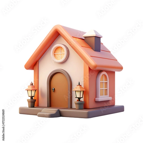 Fototapeta Charming 3d rendered cottage with cozy details and welcoming lanterns transparent background