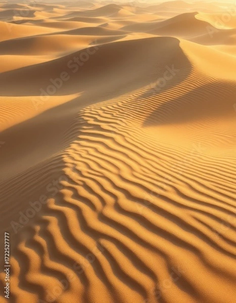 Fototapeta Golden dunes undulate in the desert sun, showcasing intricate patterns and subtle shadows.