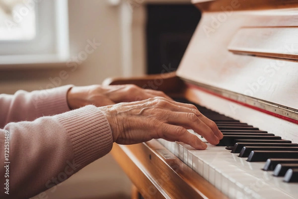 Fototapeta Elderly hands playing piano keys, capturing the beauty of music and age. Ideal for themes of hobbies, aging, creativity, and classic instruments.
