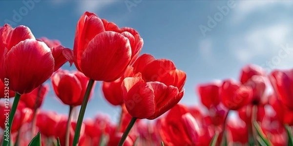 Fototapeta Vivid Red Tulips in a Bright Field Under a Clear Blue Sky, Capturing the Essence of Spring in Bloom