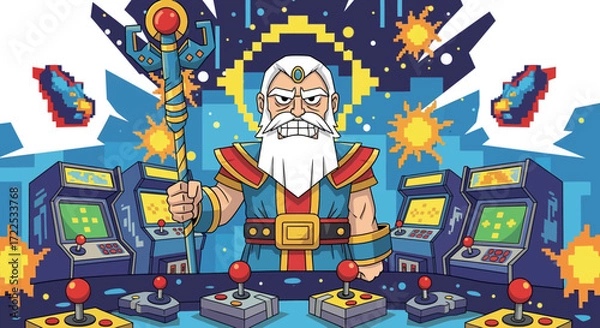 Obraz Powerful wizard character in a retro arcade setting.