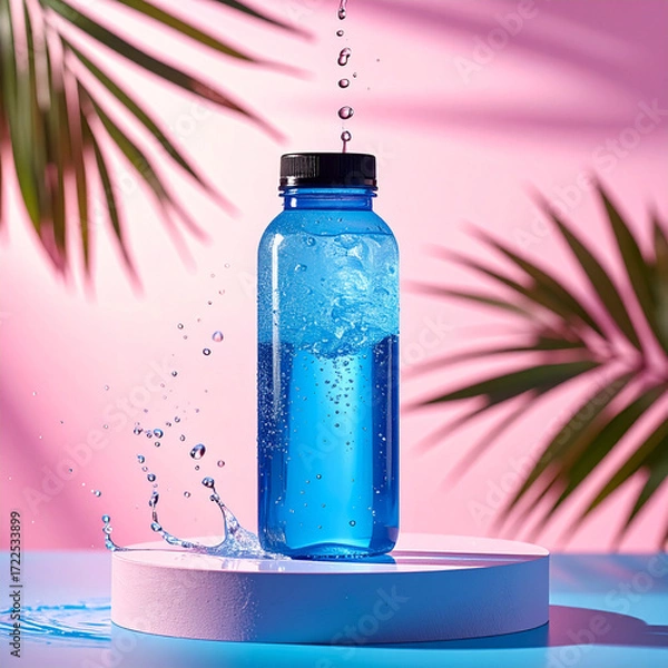 Obraz A sleek, clear bottle with a black lid holds a bright blue isotonic drink. Water splashes around it, suggesting freshness and hydration against a vibrant pink and blue background.