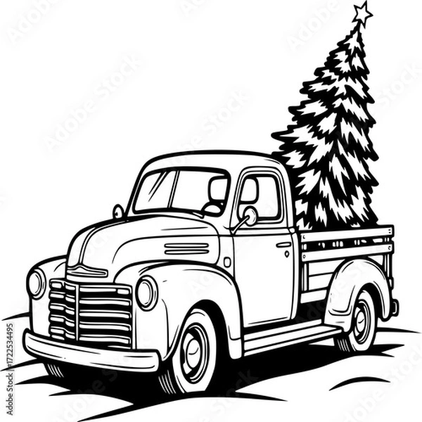 Fototapeta Christmas Tree Delivery: A classic vintage truck, laden with a freshly cut Christmas tree, creates a scene of holiday nostalgia.