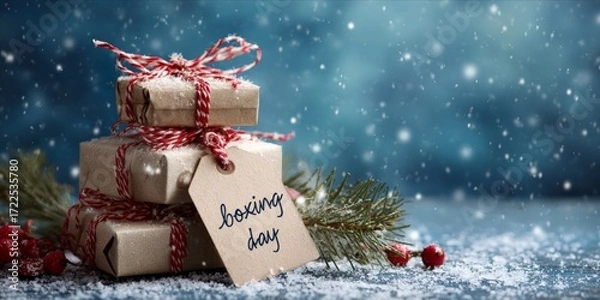 Fototapeta Snowy Boxing Day Gift Stacks Wrapped in Rustic Twine Amidst Pine Needles and Berries