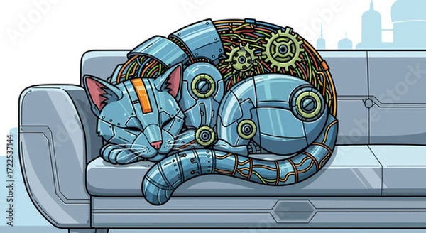 Fototapeta Sleeping Robotic Cat on a Sofa.
