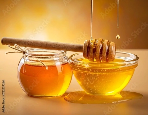 Fototapeta Honey dripping from wooden dipper into glass bowl