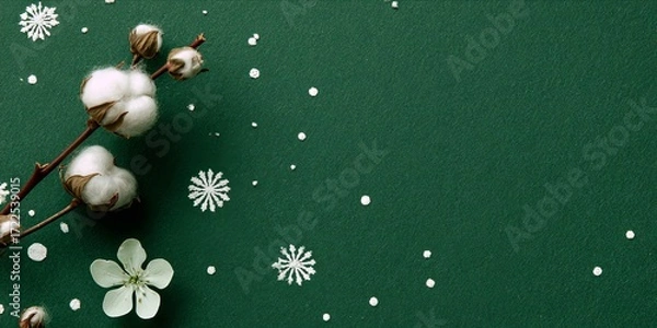 Fototapeta Elegant Winter Scene with Cotton Stalk and Snowflakes on Deep Green Background