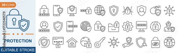 Obraz Protection Editable Icon set. Vector illustration in modern thin line style of security related icons: shield, lock, guard, and more. Illustration Eps 10