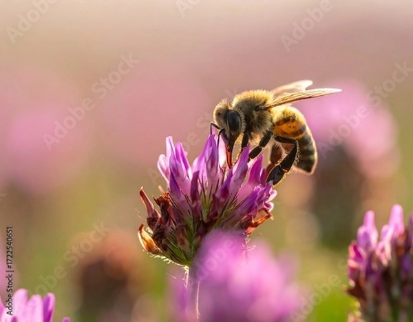 Fototapeta Honeybee on a clover flower, close-up