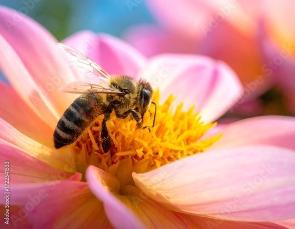 Fototapeta Honeybee on a delicate pink dahlia