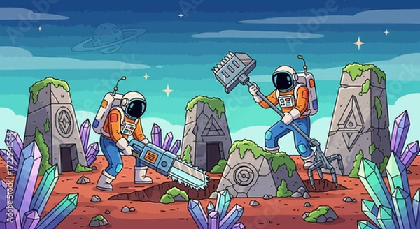 Fototapeta Two astronauts mining crystals on an alien planet.
