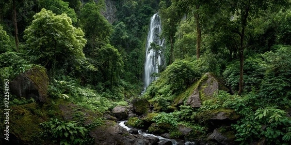 Fototapeta Majestic Jungle Waterfall Cascading Through Verdant Foliage into a Serene Rocky Stream