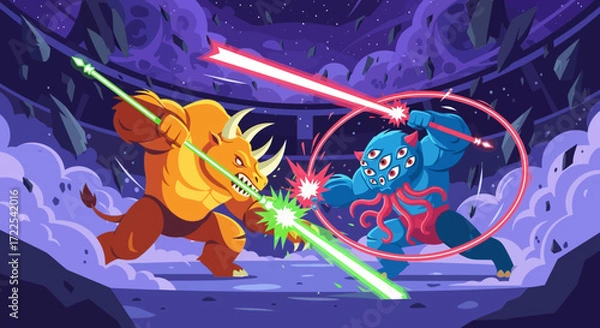 Fototapeta Two fantasy creatures engaged in a fierce lightsaber duel.