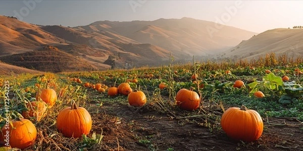 Fototapeta Golden Hour Glow on a Pumpkin Patch Nestled in Rolling Hills