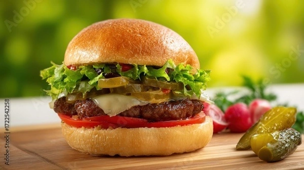 Fototapeta Juicy Beef Burger Topped with Melted Cheese, Grilled to a Golden Crisp—Every Bite Bursts with Rich, Savory Flavors, Boasting a Perfectly Seared Patty, Creamy Melted Cheese That Oozes With Each Bite