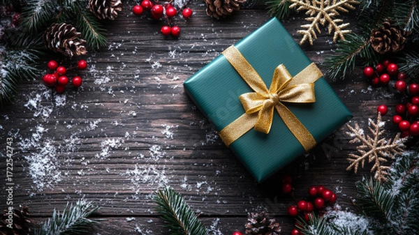 Fototapeta green gift box with golden ribbon on wooden table background with pine branches and red berries. top view with copy space