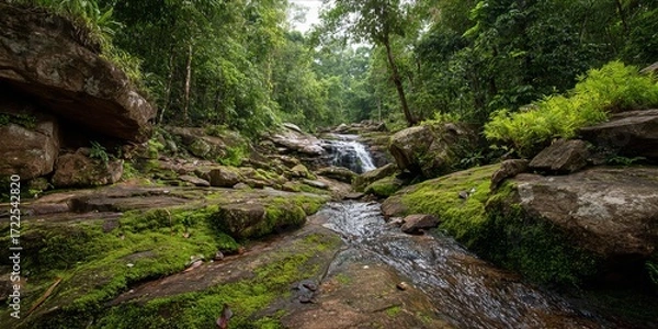Fototapeta Serene Jungle Stream Flowing Amidst Lush Greenery and Rocky Terrain in a Tranquil Forest Setting