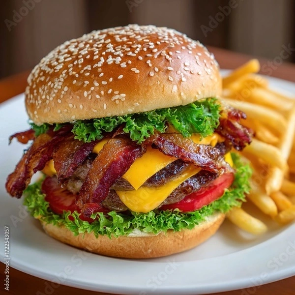 Fototapeta Juicy Beef Burger Topped with Melted Cheese, Grilled to a Golden Crisp—Every Bite Bursts with Rich, Savory Flavors, Boasting a Perfectly Seared Patty, Creamy Melted Cheese That Oozes With Each Bite
