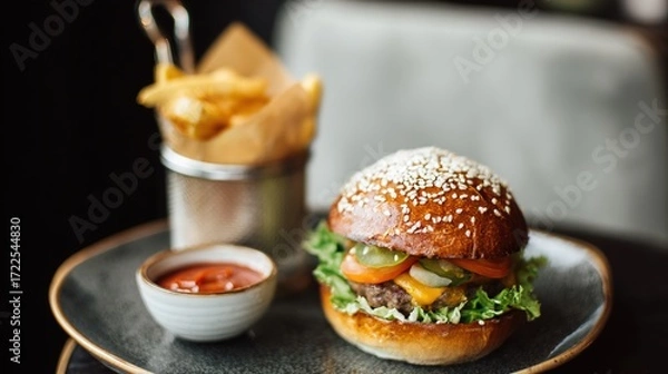 Fototapeta Juicy Beef Burger Topped with Melted Cheese, Grilled to a Golden Crisp—Every Bite Bursts with Rich, Savory Flavors, Boasting a Perfectly Seared Patty, Creamy Melted Cheese That Oozes With Each Bite