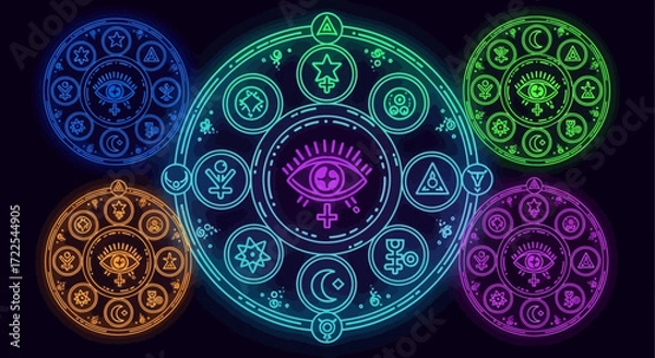 Fototapeta Vibrant Neon Magic Circles with Mystical Symbols and All Seeing Eye.