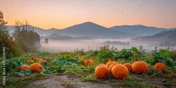 Fototapeta Misty Dawn over a Pumpkin Patch with Rolling Hills and Golden Sunrise